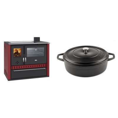 Set Küchenofen / Küchenhexe Wasserführend Prity GT W10 Rot, mit Edelstahl-Backofen, Glaskeramik-Kochfeld und Schublade, 13.3 kW + Gusseisen Topf Flach Solagio, Black Onyx, Ф28 - Kaminofen - Holzofen mit Backfach