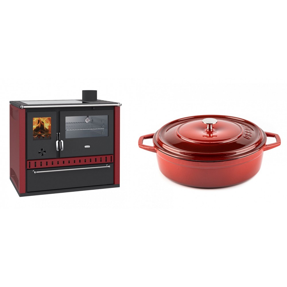 Set Küchenofen / Küchenhexe Wasserführend Prity GT W10 Rot, mit Edelstahl-Backofen, Glaskeramik-Kochfeld und Schublade, 13.3 kW + Gusseisen Topf Flach Solagio, Rubin, Ф28