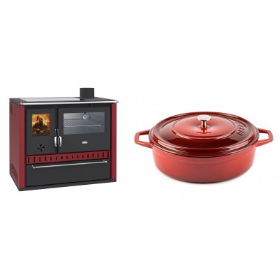 Set Küchenofen / Küchenhexe Wasserführend Prity GT W10 Rot, mit Edelstahl-Backofen, Glaskeramik-Kochfeld und Schublade, 13.3 kW + Gusseisen Topf Flach Solagio, Rubin, Ф28 - Kaminofen - Holzofen mit Backfach