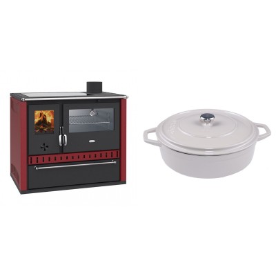 Set Küchenofen / Küchenhexe Wasserführend Prity GT W10 Rot, mit Edelstahl-Backofen, Glaskeramik-Kochfeld und Schublade, 13.3 kW + Gusseisen Topf Flach Solagio, Ivory, Ф28 - Kaminofen - Holzofen mit Backfach