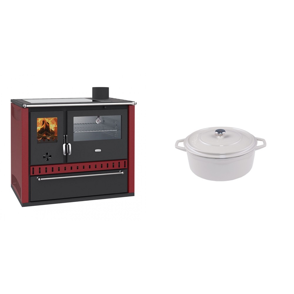 Set Küchenofen / Küchenhexe Wasserführend Prity GT W10 Rot, mit Edelstahl-Backofen, Glaskeramik-Kochfeld und Schublade, 13.3 kW + Gusseisen Topf Tiefer Solagio, Ivory, Ф12