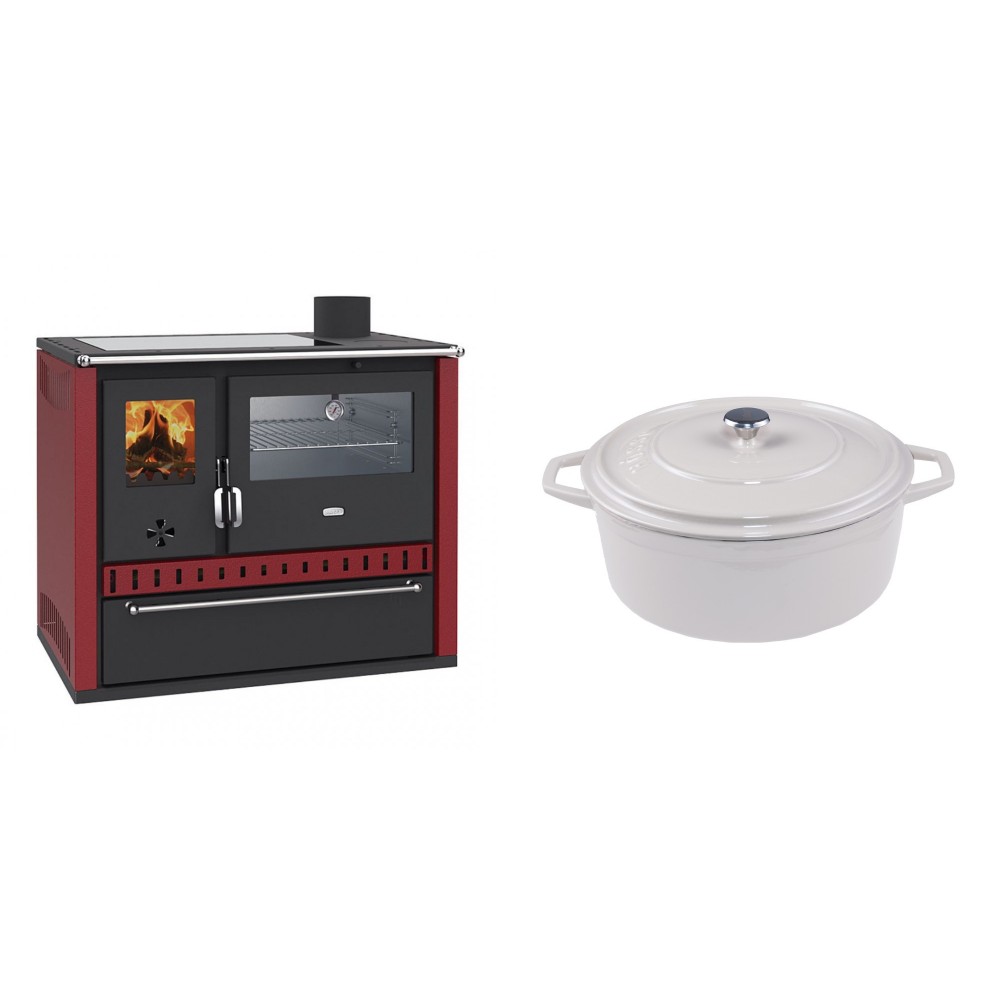 Set Küchenofen / Küchenhexe Wasserführend Prity GT W10 Rot, mit Edelstahl-Backofen, Glaskeramik-Kochfeld und Schublade, 13.3 kW + Gusseisen Topf Tiefer Solagio, Ivory, Ф24 | Kaminofen - Holzofen mit Backfach | Kaminofen |