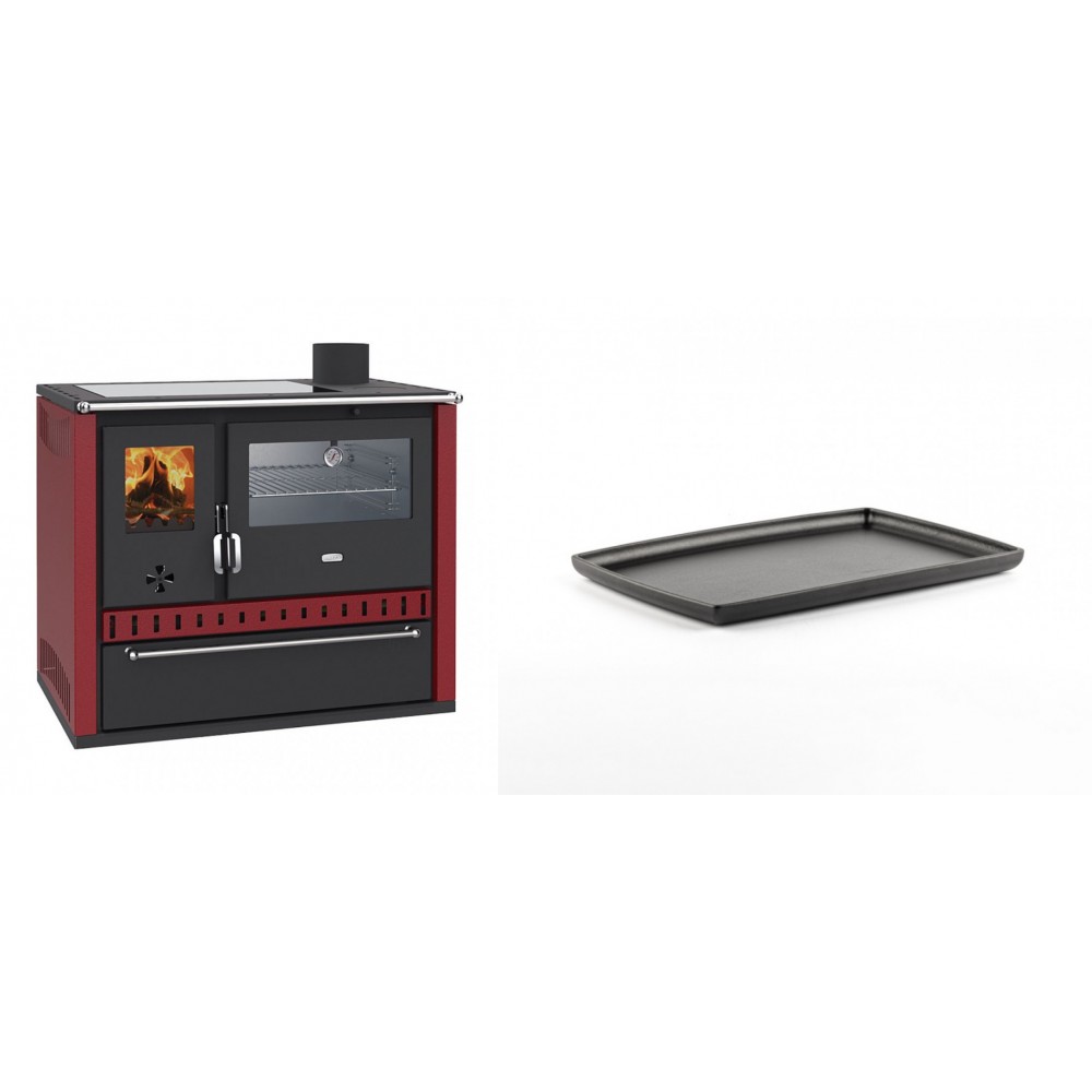 Set Küchenofen / Küchenhexe Wasserführend Prity GT W10 Rot, mit Edelstahl-Backofen, Glaskeramik-Kochfeld und Schublade, 13.3 kW + Rechteckige Servierplatte aus Gusseisen Solagio, 21x31cm | Kaminofen - Holzofen mit Backfach | Kaminofen |