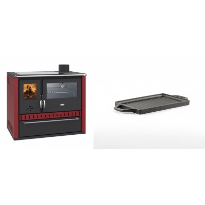 Set Küchenofen / Küchenhexe Wasserführend Prity GT W10 Rot, mit Edelstahl-Backofen, Glaskeramik-Kochfeld und Schublade, 13.3 kW + Mini-Grillplatte aus Gusseisen Solagio, 15.5x22.5cm - Kaminofen - Holzofen mit Backfach