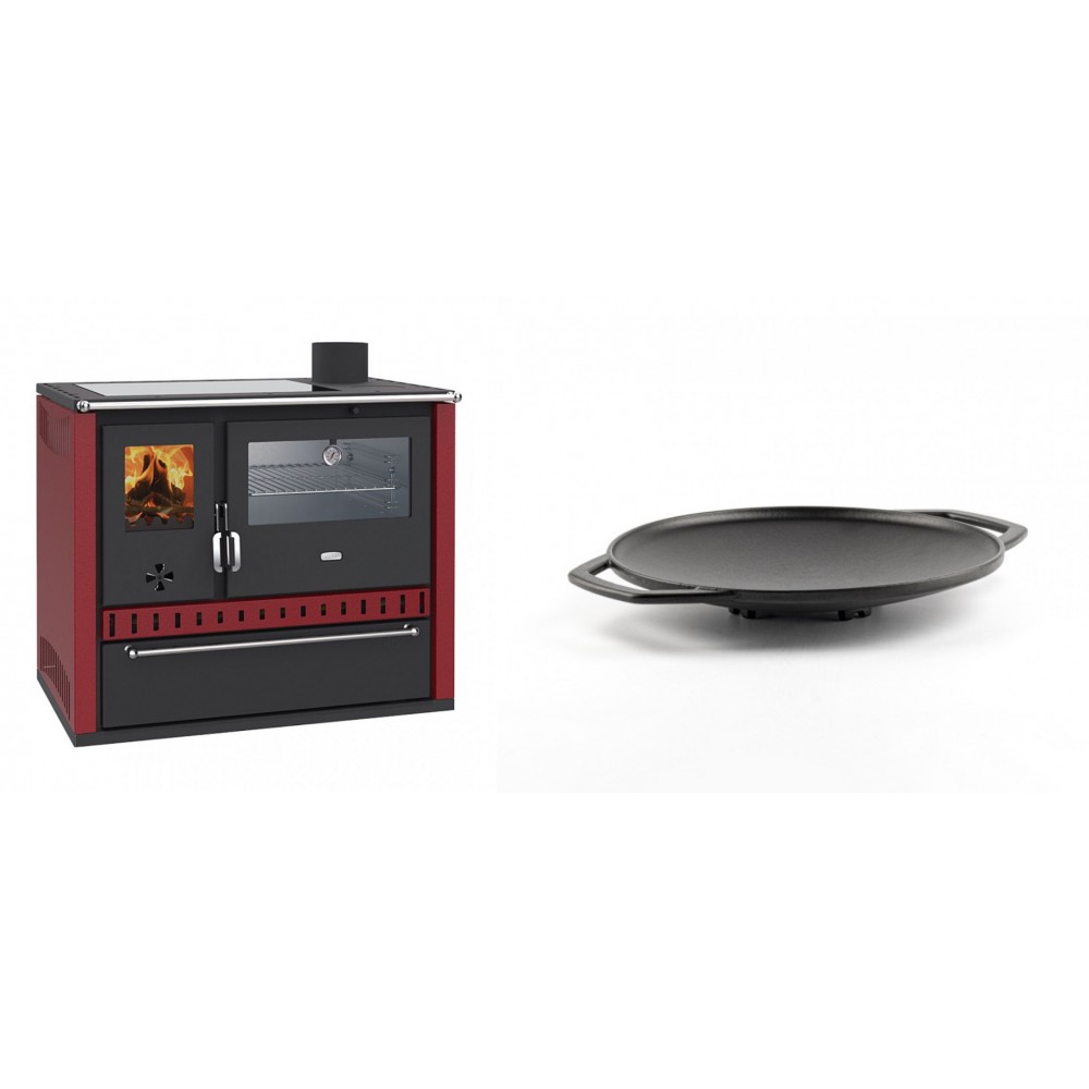 Set Küchenofen / Küchenhexe Wasserführend Prity GT W10 Rot, mit Edelstahl-Backofen, Glaskeramik-Kochfeld und Schublade, 13.3 kW + Backplatte aus Gusseisen Solagio, Ф28cm