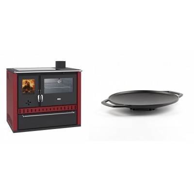 Set Küchenofen / Küchenhexe Wasserführend Prity GT W10 Rot, mit Edelstahl-Backofen, Glaskeramik-Kochfeld und Schublade, 13.3 kW + Backplatte aus Gusseisen Solagio, Ф28cm - Kaminofen - Holzofen mit Backfach