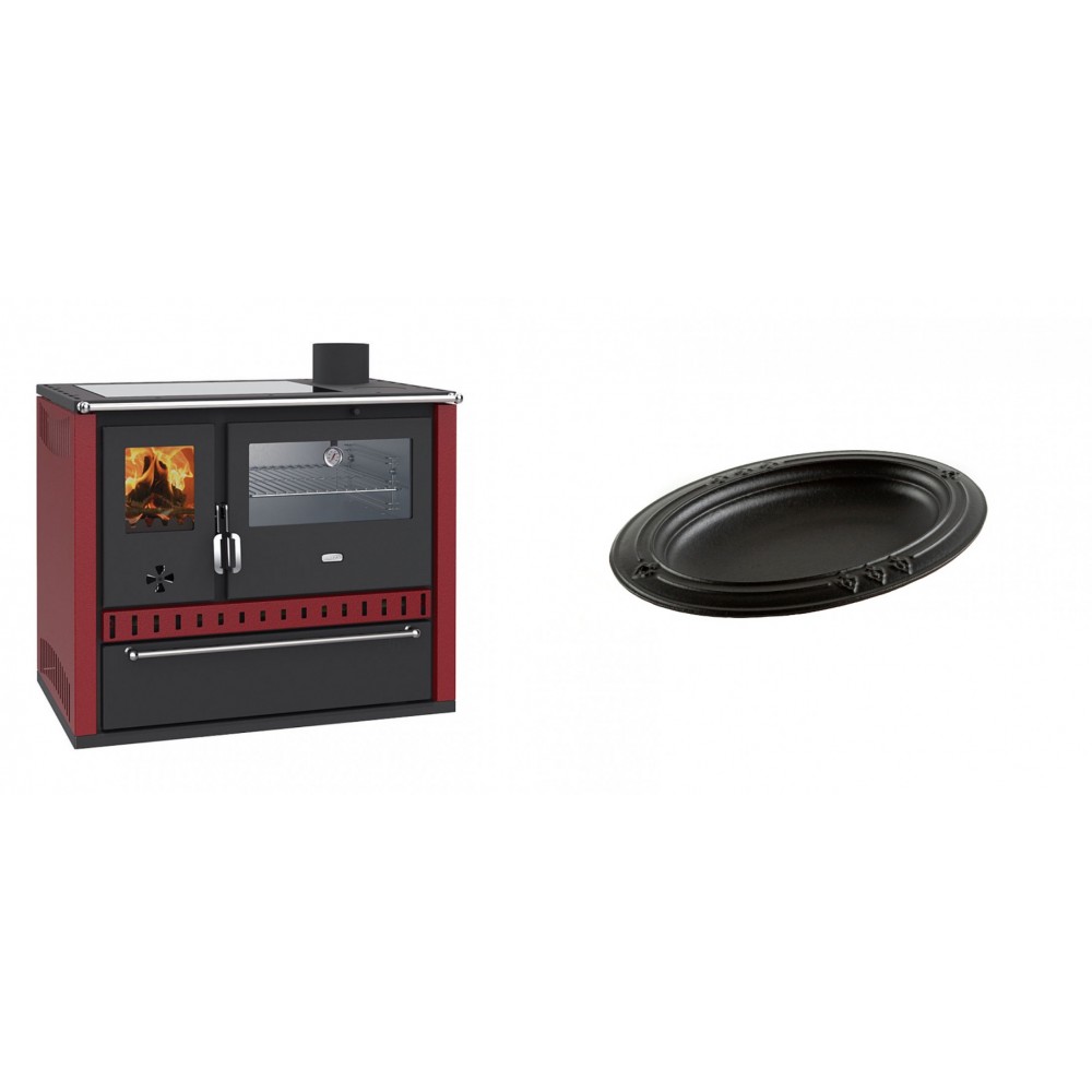 Set Küchenofen / Küchenhexe Wasserführend Prity GT W10 Rot, mit Edelstahl-Backofen, Glaskeramik-Kochfeld und Schublade, 13.3 kW + Gusseiserne auflaufform Solagio oval, 25x33cm