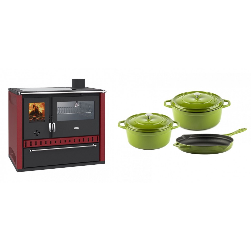 Set Küchenofen / Küchenhexe Wasserführend Prity GT W10 Rot, mit Edelstahl-Backofen, Glaskeramik-Kochfeld und Schublade, 13.3 kW + Gusseisen Topf Set aus 3 teilen Solagio, Bamboo | Kaminofen - Holzofen mit Backfach | Kaminofen |