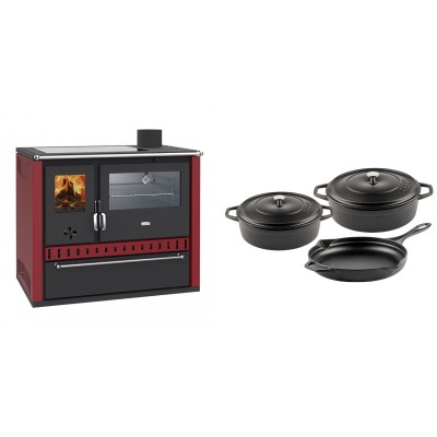 Set Küchenofen / Küchenhexe Wasserführend Prity GT W10 Rot, mit Edelstahl-Backofen, Glaskeramik-Kochfeld und Schublade, 13.3 kW + Gusseisen Topf Set aus 3 teilen Solagio, Black Onyx - Kaminofen - Holzofen mit Backfach