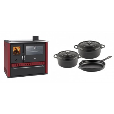 Set Küchenofen / Küchenhexe Wasserführend Prity GT W10 Rot, mit Edelstahl-Backofen, Glaskeramik-Kochfeld und Schublade, 13.3 kW + Gusseisen Topf Set aus 3 teilen Solagio, Black Onyx - Kaminofen - Holzofen mit Backfach