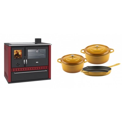Set Küchenofen / Küchenhexe Wasserführend Prity GT W10 Rot, mit Edelstahl-Backofen, Glaskeramik-Kochfeld und Schublade, 13.3 kW + Gusseisen Topf Set aus 3 teilen Solagio, Dijon - Kaminofen - Holzofen mit Backfach