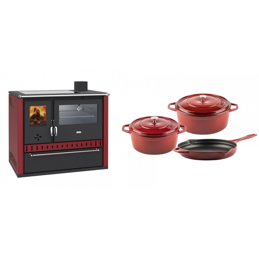 Set Küchenofen / Küchenhexe Wasserführend Prity GT W10 Rot, mit Edelstahl-Backofen, Glaskeramik-Kochfeld und Schublade, 13.3 kW + Gusseisen Topf Set aus 3 teilen Solagio, Rubin | Kaminofen - Holzofen mit Backfach | Kaminofen |