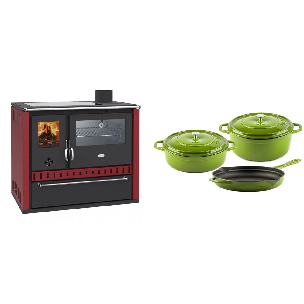 Set Küchenofen / Küchenhexe Wasserführend Prity GT W10 Rot, mit Edelstahl-Backofen, Glaskeramik-Kochfeld und Schublade, 13.3 kW + Gusseisen Topf Set aus 3 teilen Solagio, Bamboo