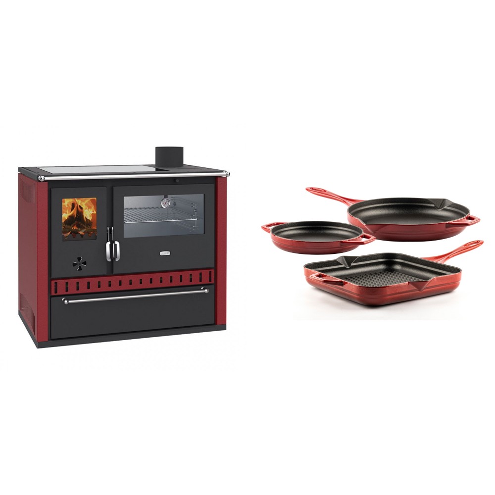 Set Küchenofen / Küchenhexe Wasserführend Prity GT W10 Rot, mit Edelstahl-Backofen, Glaskeramik-Kochfeld und Schublade, 13.3 kW + Gusseisen Topf Set aus 3 teilen Solagio, Rubin