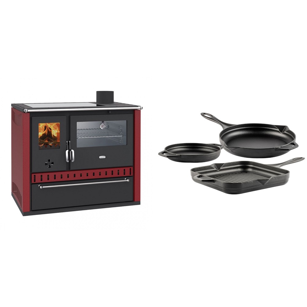 Set Küchenofen / Küchenhexe Wasserführend Prity GT W10 Rot, mit Edelstahl-Backofen, Glaskeramik-Kochfeld und Schublade, 13.3 kW + Gusseisen Topf Set aus 3 teilen Solagio, Black Onyx | Kaminofen - Holzofen mit Backfach | Kaminofen |