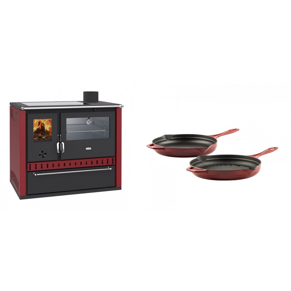 Set Küchenofen / Küchenhexe Wasserführend Prity GT W10 Rot, mit Edelstahl-Backofen, Glaskeramik-Kochfeld und Schublade, 13.3 kW + Gusseisen Topf Set aus 2 teilen Solagio, Rubin