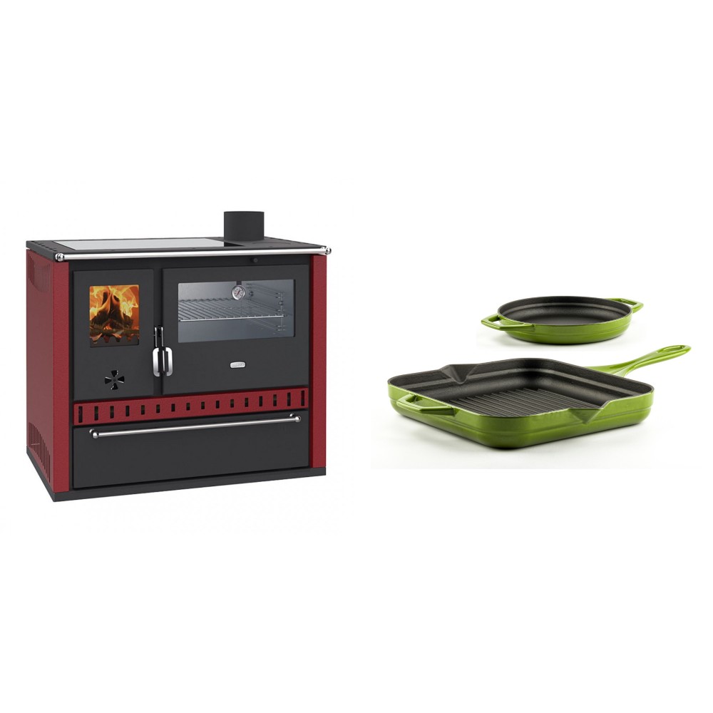 Set Küchenofen / Küchenhexe Wasserführend Prity GT W10 Rot, mit Edelstahl-Backofen, Glaskeramik-Kochfeld und Schublade, 13.3 kW + Gusseisen Topf Set aus 2 teilen Solagio, Bamboo