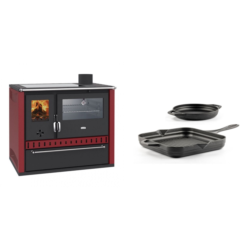 Set Küchenofen / Küchenhexe Wasserführend Prity GT W10 Rot, mit Edelstahl-Backofen, Glaskeramik-Kochfeld und Schublade, 13.3 kW + Gusseisen Topf Set aus 2 teilen Solagio, Black Onyx | Kaminofen - Holzofen mit Backfach | Kaminofen |