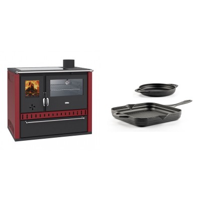 Set Küchenofen / Küchenhexe Wasserführend Prity GT W10 Rot, mit Edelstahl-Backofen, Glaskeramik-Kochfeld und Schublade, 13.3 kW + Gusseisen Topf Set aus 2 teilen Solagio, Black Onyx - Kaminofen - Holzofen mit Backfach