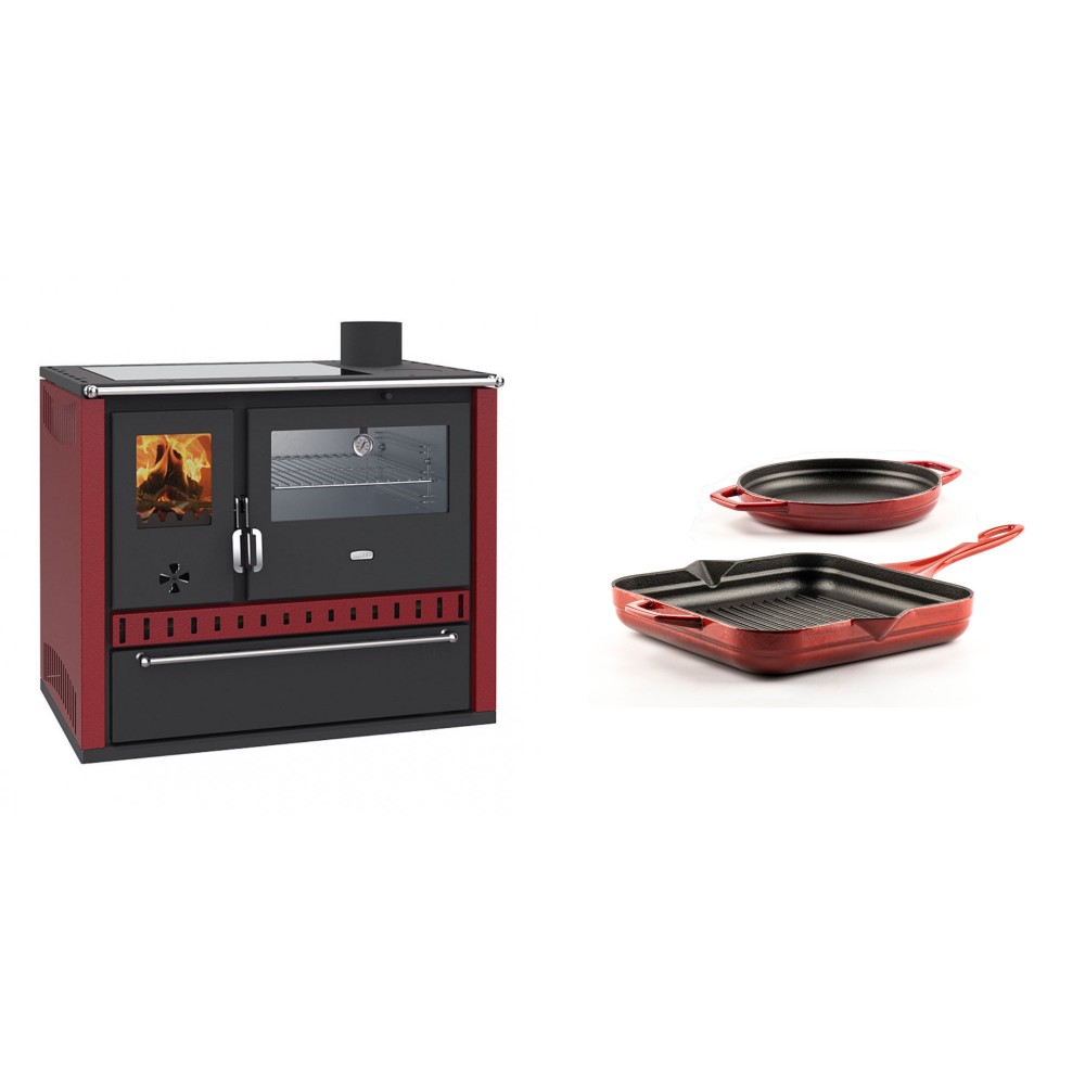 Set Küchenofen / Küchenhexe Wasserführend Prity GT W10 Rot, mit Edelstahl-Backofen, Glaskeramik-Kochfeld und Schublade, 13.3 kW + Gusseisen Topf Set aus 2 teilen Solagio, Rubin | Kaminofen - Holzofen mit Backfach | Kaminofen |