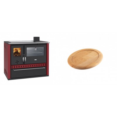 Set Küchenofen / Küchenhexe Wasserführend Prity GT W10 Rot, mit Edelstahl-Backofen, Glaskeramik-Kochfeld und Schublade, 13.3 kW + Holz untersetzer für ovale gusseisenpfanne Solagio HSFT1825 - Kaminofen - Holzofen mit Backfach
