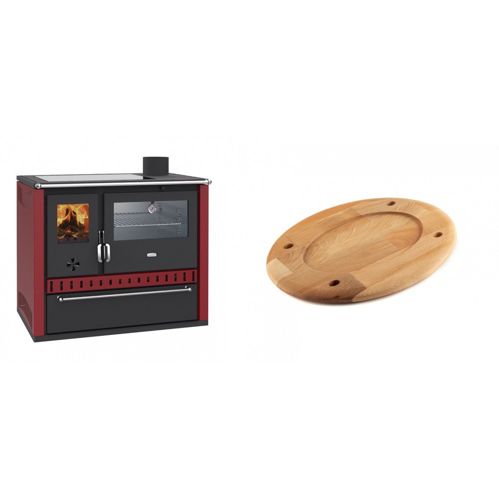 Set Küchenofen / Küchenhexe Wasserführend Prity GT W10 Rot, mit Edelstahl-Backofen, Glaskeramik-Kochfeld und Schublade, 13.3 kW + Holz untersetzer für ovale platte Solagio HSOISK2533, 25x33cm | Kaminofen - Holzofen mit Backfach | Kaminofen |