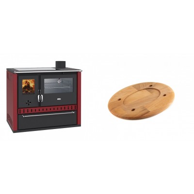 Set Küchenofen / Küchenhexe Wasserführend Prity GT W10 Rot, mit Edelstahl-Backofen, Glaskeramik-Kochfeld und Schublade, 13.3 kW + Holz untersetzer für ovale platte Solagio HSOISK1728, 17x28cm - Kaminofen - Holzofen mit Backfach