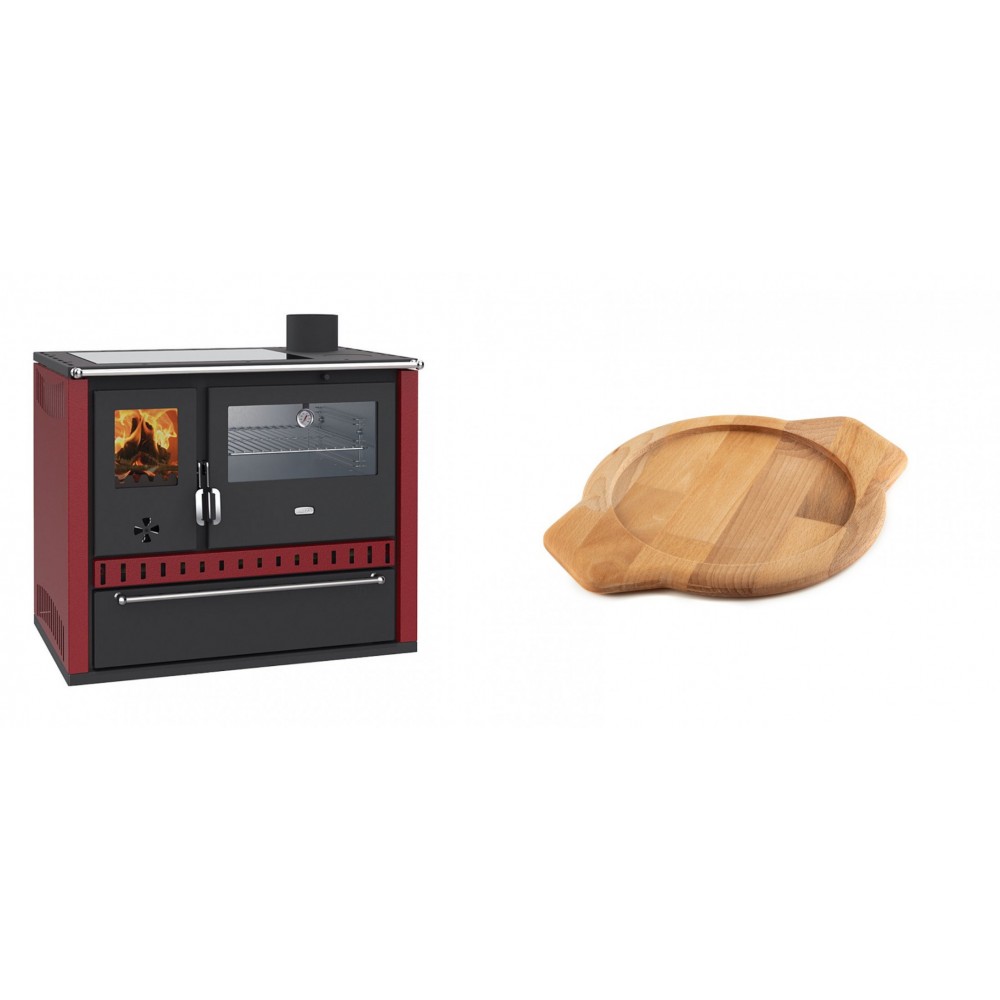 Set Küchenofen / Küchenhexe Wasserführend Prity GT W10 Rot, mit Edelstahl-Backofen, Glaskeramik-Kochfeld und Schublade, 13.3 kW + Holz untersetzer für gusseisenschüssel Solagio HSYKTV22