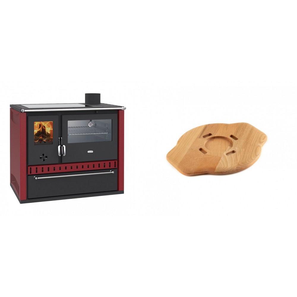 Set Küchenofen / Küchenhexe Wasserführend Prity GT W10 Rot, mit Edelstahl-Backofen, Glaskeramik-Kochfeld und Schublade, 13.3 kW + Holz untersetzer für gusseisenplatte Solagio HSYSAK20 | Kaminofen - Holzofen mit Backfach | Kaminofen |