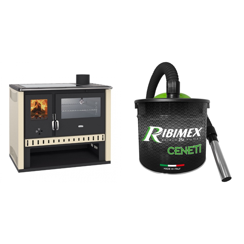 Set Küchenofen / Küchenhexe Prity GT, mit Edelstahlbackofen und Glaskeramikkochfeld, Leistung 15 kW + Elektrischer Aschesauger Ribimex, Modell Cenetì, Fassungsvermögen 15 L