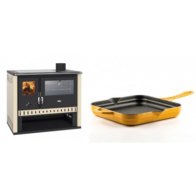Set Küchenofen / Küchenhexe Prity GT, mit Edelstahlbackofen und Glaskeramikkochfeld, Leistung 15 kW + Emaillierte grillpfanne Gusseisen Solagio, Dijon, 28х28cm - Kaminofen - Holzofen mit Backfach