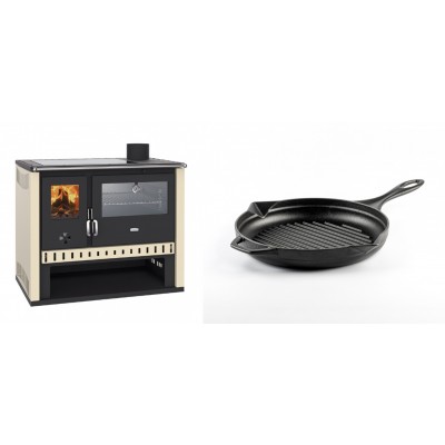 Set Küchenofen / Küchenhexe Prity GT, mit Edelstahlbackofen und Glaskeramikkochfeld, Leistung 15 kW + Emaillierte grillpfanne Gusseisen Solagio, Black Onyx, Ф24cm - Kaminofen - Holzofen mit Backfach