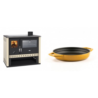 Set Küchenofen / Küchenhexe Prity GT, mit Edelstahlbackofen und Glaskeramikkochfeld, Leistung 15 kW + Emaillierte gusseisenpfanne mit zwei Griffen Solagio, Dijon, Ф19cm - Kaminofen - Holzofen mit Backfach