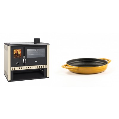 Set Küchenofen / Küchenhexe Prity GT, mit Edelstahlbackofen und Glaskeramikkochfeld, Leistung 15 kW + Emaillierte gusseisenpfanne mit zwei Griffen Solagio, Dijon, Ф16cm - Kaminofen - Holzofen mit Backfach