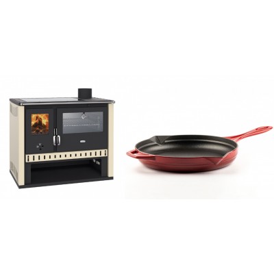 Set Küchenofen / Küchenhexe Prity GT, mit Edelstahlbackofen und Glaskeramikkochfeld, Leistung 15 kW + Emaillierte Gusseisenpfanne Solagio, Rubin, Ф28cm - Kaminofen - Holzofen mit Backfach