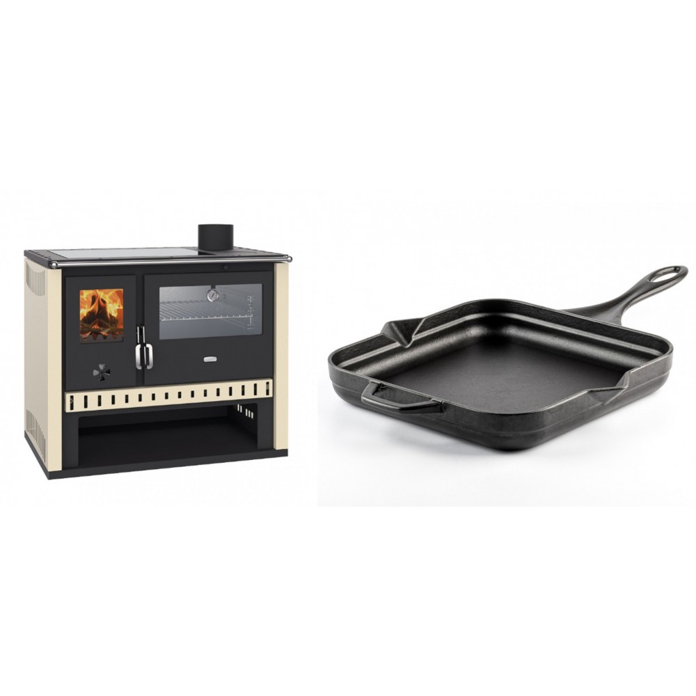 Set Küchenofen / Küchenhexe Prity GT, mit Edelstahlbackofen und Glaskeramikkochfeld, Leistung 15 kW + Emaillierte Gusseisenpfanne Solagio, Black Onyx, 28x28cm | Kaminofen - Holzofen mit Backfach | Kaminofen |