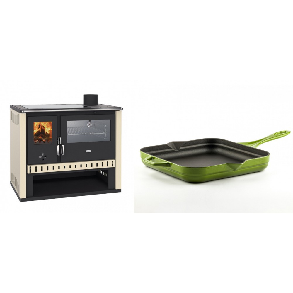 Set Küchenofen / Küchenhexe Prity GT, mit Edelstahlbackofen und Glaskeramikkochfeld, Leistung 15 kW + Emaillierte Gusseisenpfanne Solagio, Bamboo, 28x28cm | Kaminofen - Holzofen mit Backfach | Kaminofen |