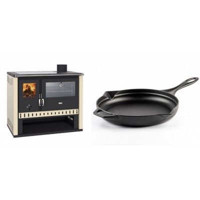 Set Küchenofen / Küchenhexe Prity GT, mit Edelstahlbackofen und Glaskeramikkochfeld, Leistung 15 kW + Emaillierte Gusseisenpfanne Solagio, Black Onyx, Ф28cm - Kaminofen - Holzofen mit Backfach