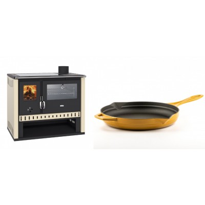 Set Küchenofen / Küchenhexe Prity GT, mit Edelstahlbackofen und Glaskeramikkochfeld, Leistung 15 kW + Emaillierte Gusseisenpfanne Solagio, Dijon, Ф28cm - Kaminofen - Holzofen mit Backfach