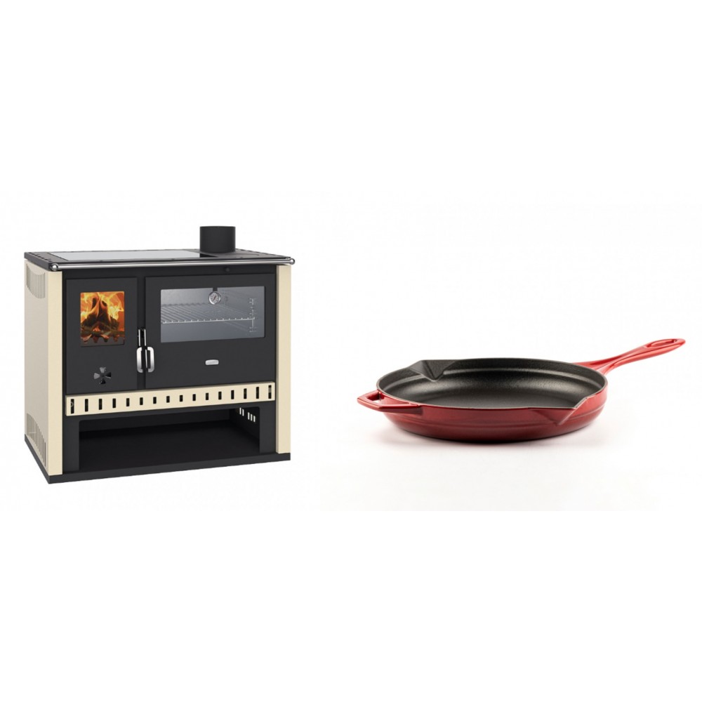 Set Küchenofen / Küchenhexe Prity GT, mit Edelstahlbackofen und Glaskeramikkochfeld, Leistung 15 kW + Emaillierte Gusseisenpfanne Solagio, Rubin, Ф24cm | Kaminofen - Holzofen mit Backfach | Kaminofen |