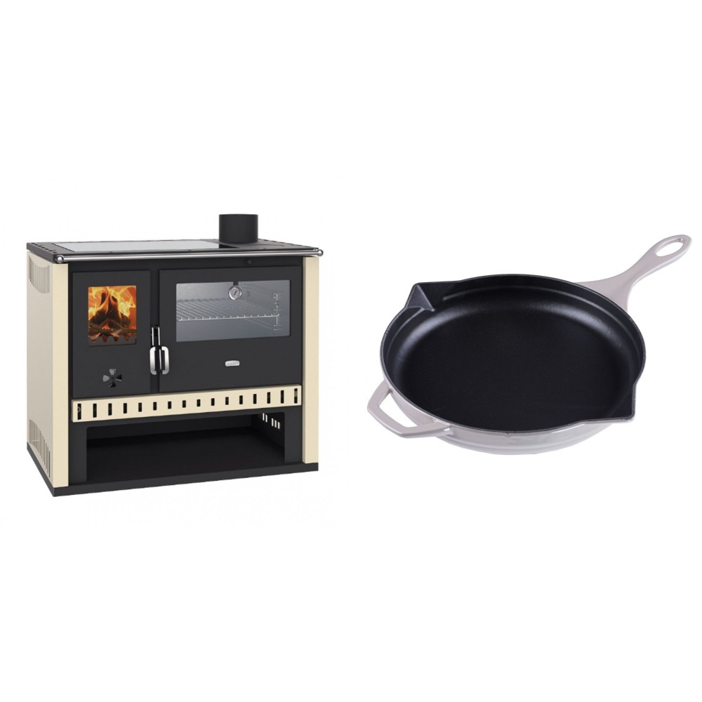 Set Küchenofen / Küchenhexe Prity GT, mit Edelstahlbackofen und Glaskeramikkochfeld, Leistung 15 kW + Emaillierte Gusseisenpfanne Solagio, Ivory, Ф28cm | Kaminofen - Holzofen mit Backfach | Kaminofen |