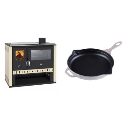 Set Küchenofen / Küchenhexe Prity GT, mit Edelstahlbackofen und Glaskeramikkochfeld, Leistung 15 kW + Emaillierte Gusseisenpfanne Solagio, Ivory, Ф28cm - Kaminofen - Holzofen mit Backfach