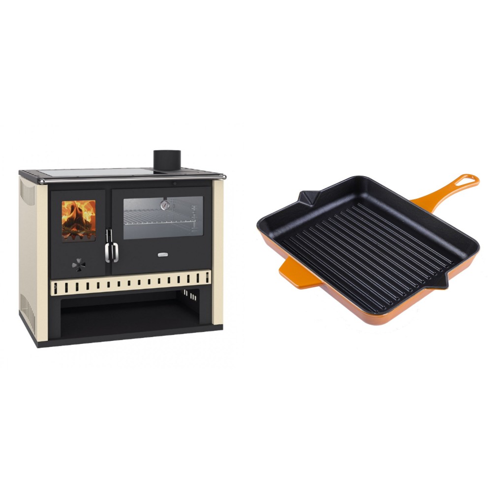 Set Küchenofen / Küchenhexe Prity GT, mit Edelstahlbackofen und Glaskeramikkochfeld, Leistung 15 kW + Emaillierte grillpfanne Gusseisen Solagio, Dijon, 26x32cm | Kaminofen - Holzofen mit Backfach | Kaminofen |