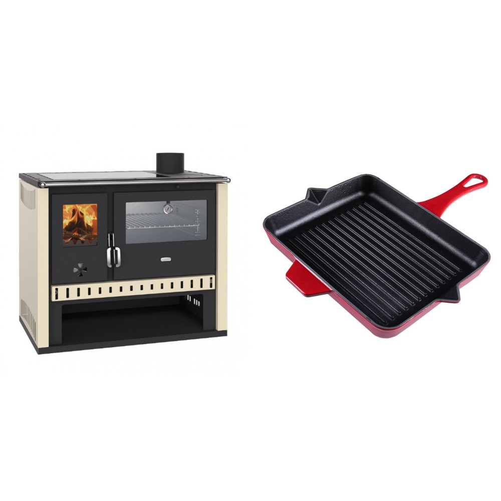 Set Küchenofen / Küchenhexe Prity GT, mit Edelstahlbackofen und Glaskeramikkochfeld, Leistung 15 kW + Emaillierte grillpfanne Gusseisen Solagio, Rubin, 26x32cm | Kaminofen - Holzofen mit Backfach | Kaminofen |