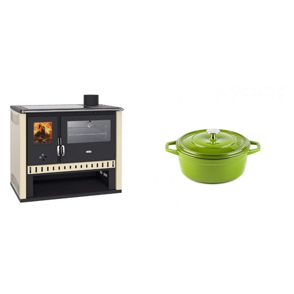 Set Küchenofen / Küchenhexe Prity GT, mit Edelstahlbackofen und Glaskeramikkochfeld, Leistung 15 kW + Gusseisen Topf Tiefer Solagio, Bamboo, Ф12 | Kaminofen - Holzofen mit Backfach | Kaminofen |