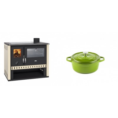 Set Küchenofen / Küchenhexe Prity GT, mit Edelstahlbackofen und Glaskeramikkochfeld, Leistung 15 kW + Gusseisen Topf Tiefer Solagio, Bamboo, Ф12 - Kaminofen - Holzofen mit Backfach