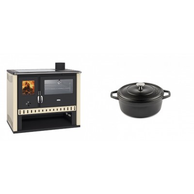 Set Küchenofen / Küchenhexe Prity GT, mit Edelstahlbackofen und Glaskeramikkochfeld, Leistung 15 kW + Gusseisen Topf Tiefer Solagio, Black Onyx, Ф12 - Kaminofen - Holzofen mit Backfach