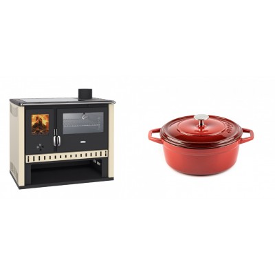 Set Küchenofen / Küchenhexe Prity GT, mit Edelstahlbackofen und Glaskeramikkochfeld, Leistung 15 kW + Gusseisen Topf Tiefer Solagio, Rubin, Ф20 - Kaminofen - Holzofen mit Backfach