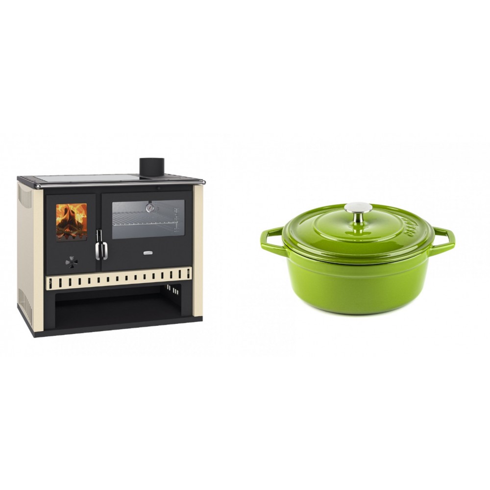 Set Küchenofen / Küchenhexe Prity GT, mit Edelstahlbackofen und Glaskeramikkochfeld, Leistung 15 kW + Gusseisen Topf Tiefer Solagio, Bamboo, Ф20 | Kaminofen - Holzofen mit Backfach | Kaminofen |