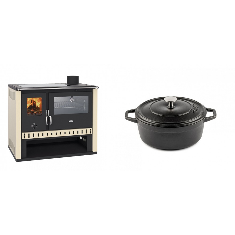 Set Küchenofen / Küchenhexe Prity GT, mit Edelstahlbackofen und Glaskeramikkochfeld, Leistung 15 kW + Gusseisen Topf Tiefer Solagio, Black Onyx, Ф20 | Kaminofen - Holzofen mit Backfach | Kaminofen |